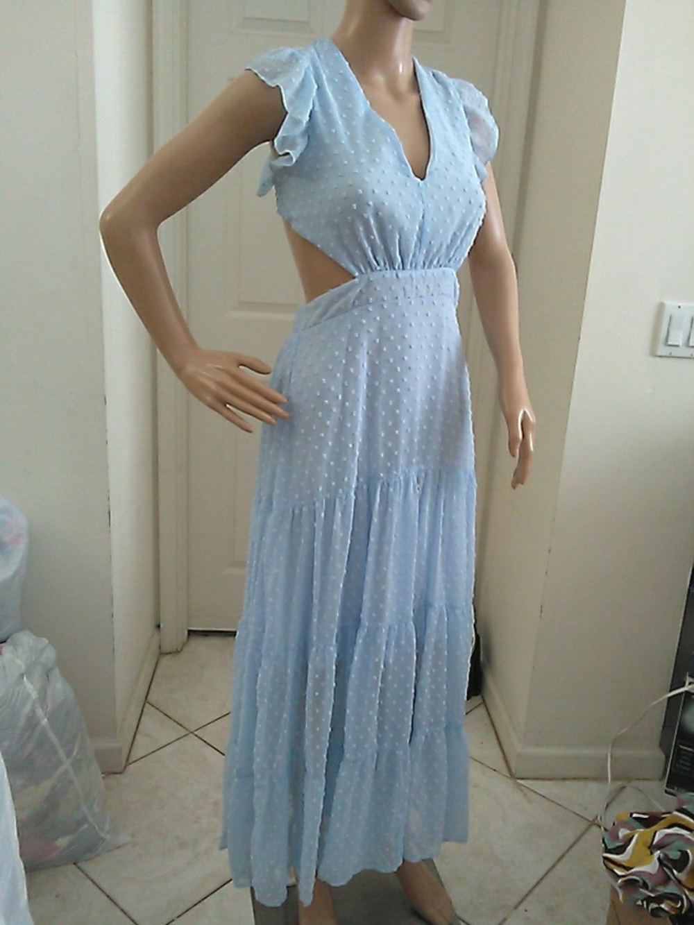 NWT Altar'd State Pale Blue Swiss Dot Maxi Cutout Sides LOW OPEN BACK SZ. M